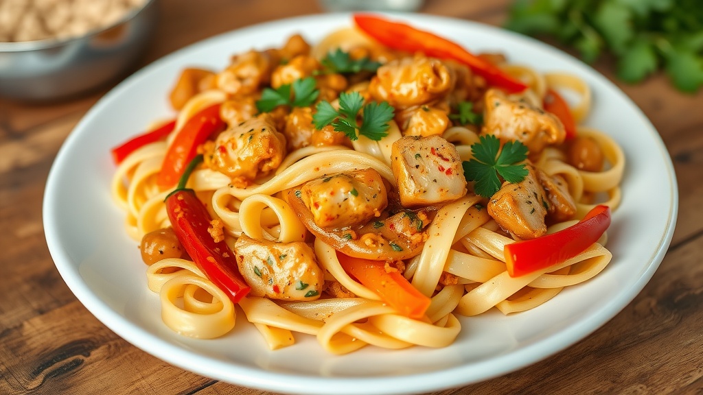 Spicy Cajun Chicken Pasta Recipe A plate of Cajun Chicken Pasta with creamy sauce, chicken, and bell peppers, garnished with parsley.